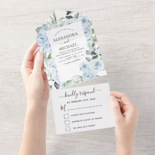 Invitation Tout En Un Dusty Blue Floral Greenery Wedding RSVP
