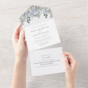 Invitation Tout En Un Dusty Blue Floral Mariage Site Web Invité Adresse