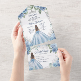 Invitation Tout En Un Dusty Blue Floral Princesse Quinceañera 15 Anos
