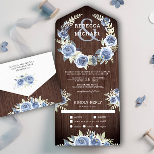 Invitation Tout En Un Dusty Blue Floral Rose Garland Rustic Wood Mariage