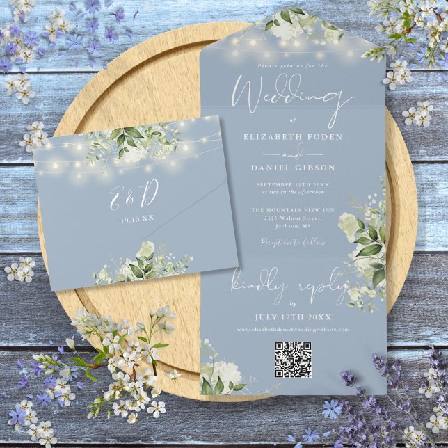 Invitation Tout En Un Dusty Blue Floral String lights QR Code Mariage (Dusty Blue Floral String Lights QR Code Wedding All In One Invitation)
