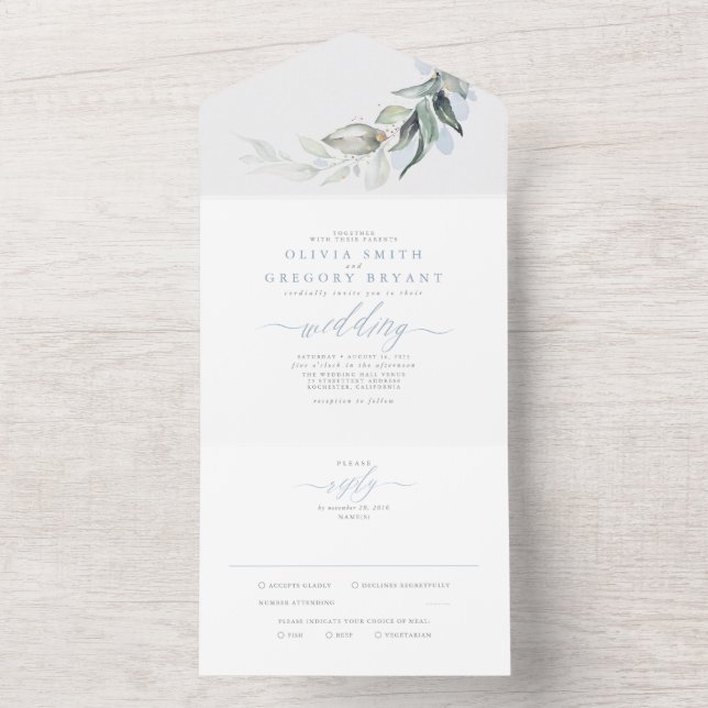 Invitation Tout En Un Dusty Blue Gold Greenery Feuilles Mariage élégant (À l'intérieur)