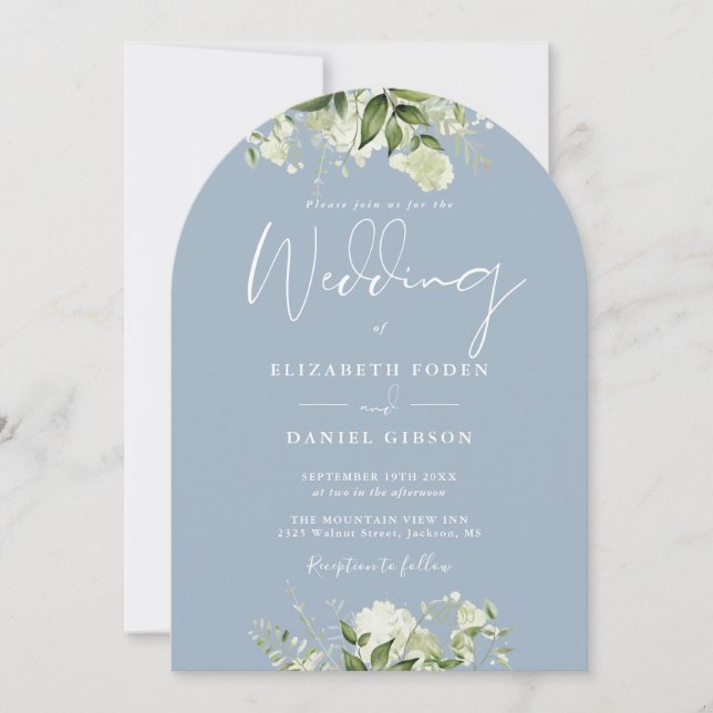 Invitation Tout en un Dusty Blue Greenery Floral Arch Mariage (Devant)