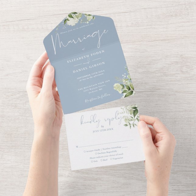 Invitation Tout En Un Dusty Blue Greenery Floral Monogram Mariage (Déchirure)
