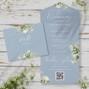 Invitation Tout En Un Dusty Blue Greenery QR Code Mariage officiel