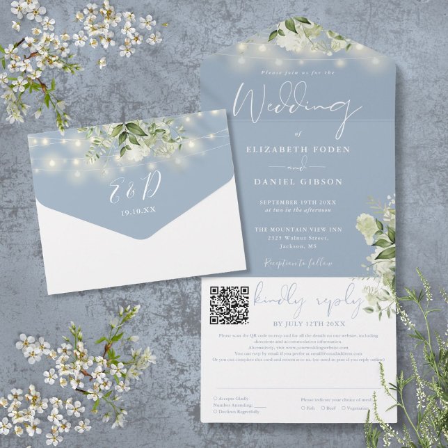 Invitation Tout En Un Dusty Blue Greenery String Lights QR Code Mariage (Dusty Blue Greenery String Lights QR Code Wedding All In One Invitation)