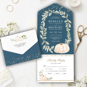 Invitation Tout En Un Dusty Blue Greenery White Citrouille Mariage de au