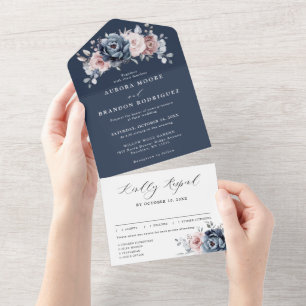 Invitation Tout En Un Dusty Blue Mauve Rose Assiette rose Mariage floral