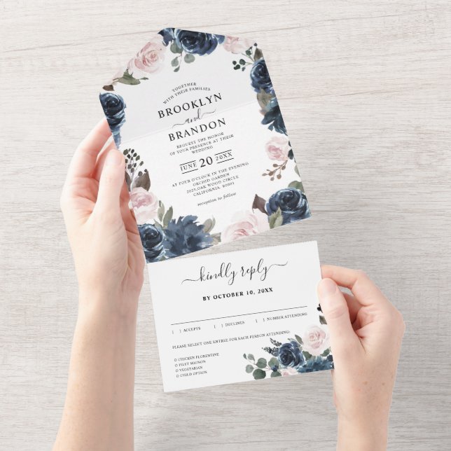 Invitation Tout En Un Dusty Blue Mauve Rose rose ardoise Mariage floral (Déchirure)
