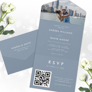 Invitation Tout En Un Dusty Blue Moderne Minimaliste Photo QR Code Maria
