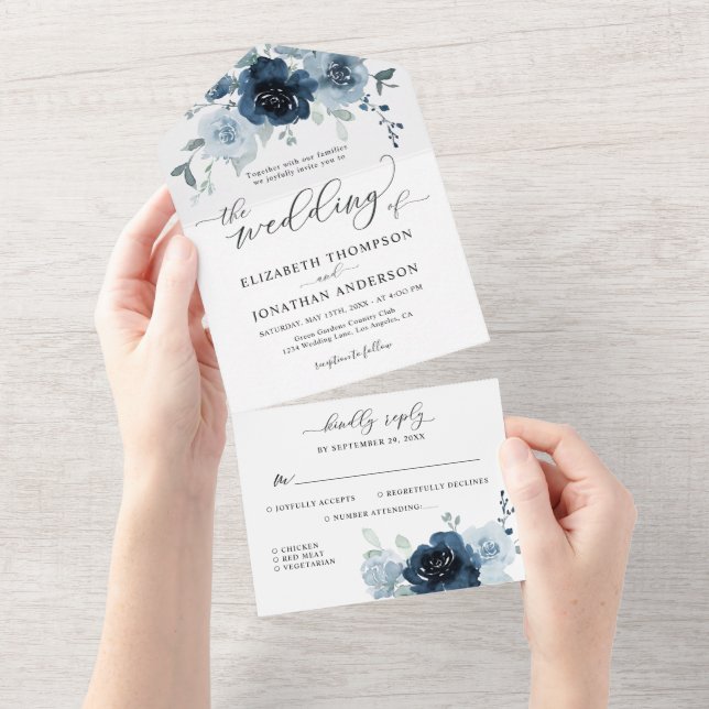 Invitation Tout En Un Dusty Blue Navy ardoise Floral Détails du Mariage  (Déchirure)