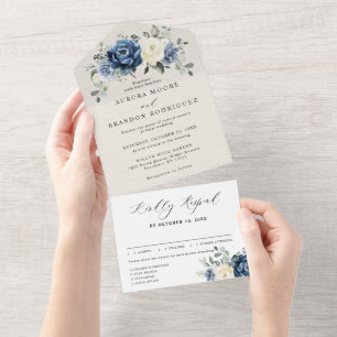 Invitation Tout En Un Dusty Blue Navy Champagne Ivory Floral Mariage