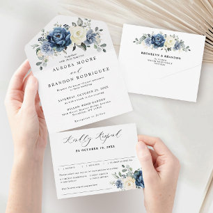 Invitation Tout En Un Dusty Blue Navy Champagne Ivory Floral Mariage