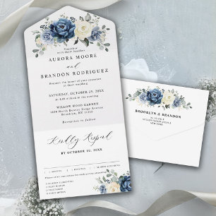 Invitation Tout En Un Dusty Blue Navy Champagne Ivory Floral Mariage
