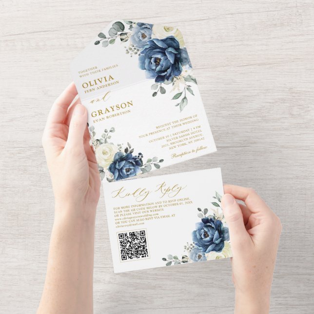 Invitation Tout En Un Dusty Blue Navy Champagne Ivory Mariage QR Code (Déchirure)