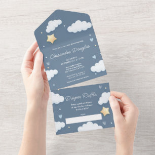 Invitation Tout En Un Dusty Blue Nuages Bonjour Baby shower