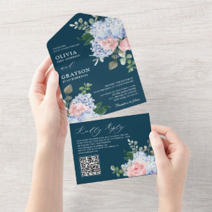Invitation Tout En Un Dusty Blue Pastel Pink hydrangeas Mariage QR Code