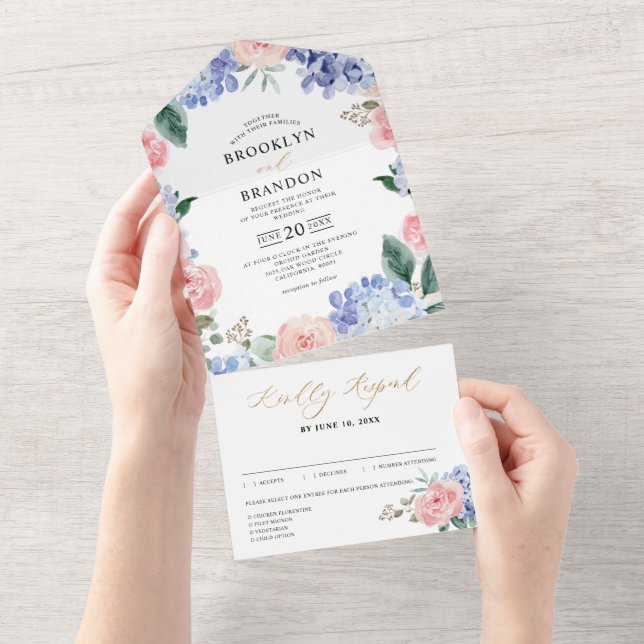 Invitation Tout En Un Dusty Blue Pastel Pink hydrangeas Mariage Tout en  (Déchirure)