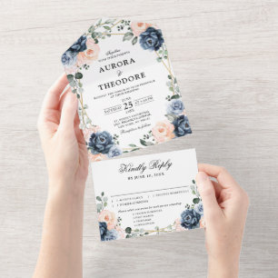 Invitation Tout En Un Dusty Blue Peach Blush Mariage floral géométrique