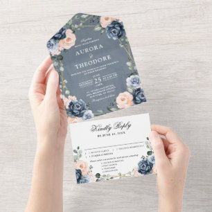 Invitation Tout En Un Dusty Blue Peach Blush Mariage floral géométrique