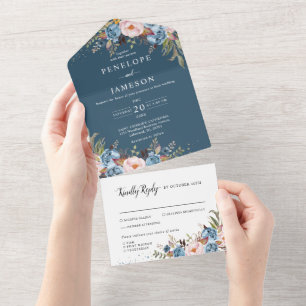 Invitation Tout En Un Dusty Blue Pêche Blush Botanique Floral Mariage Al
