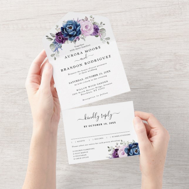 Invitation Tout En Un Dusty Blue Purple Navy Lilac Blooms Mariage (Déchirure)