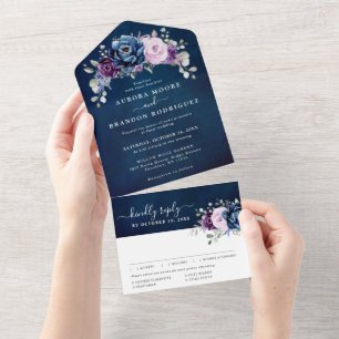 Invitation Tout En Un Dusty Blue Purple Navy Lilac Blooms Mariage Tout D