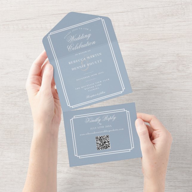 Invitation Tout En Un Dusty Blue QR Code Mariage monogramme Art déco (Déchirure)