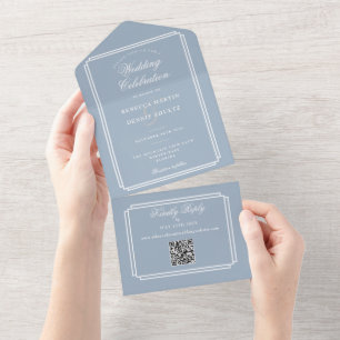 Invitation Tout En Un Dusty Blue QR Code Mariage monogramme Art déco