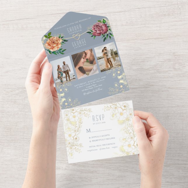 Invitation Tout En Un Dusty Blue Rose Floral Photos Mariage Inviter (Déchirure)