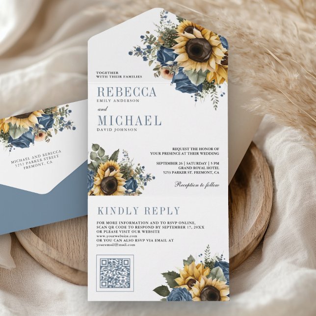 Invitation Tout En Un Dusty Blue Roses Sunflowers QR Code Wedding (Créateur téléchargé)