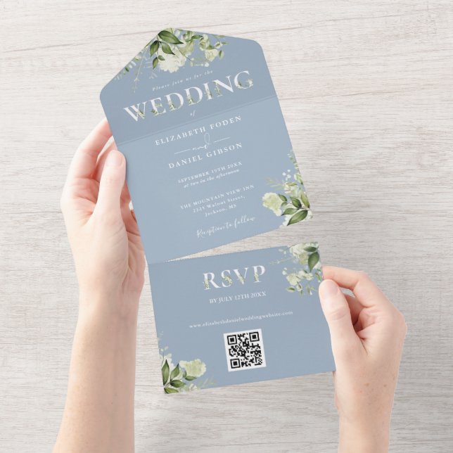 Invitation Tout En Un Dusty Blue Rustic Greenery QR Code Mariage (Déchirure)
