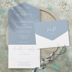 Invitation Tout En Un Dusty Blue Script Hearts minimaliste Mariage tout
