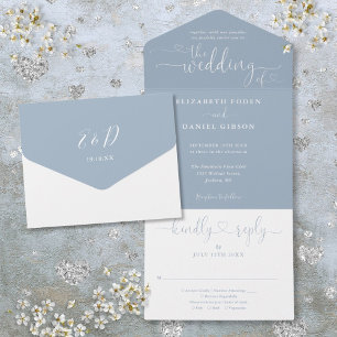 Invitation Tout En Un Dusty Blue Script Hearts minimaliste Mariage tout