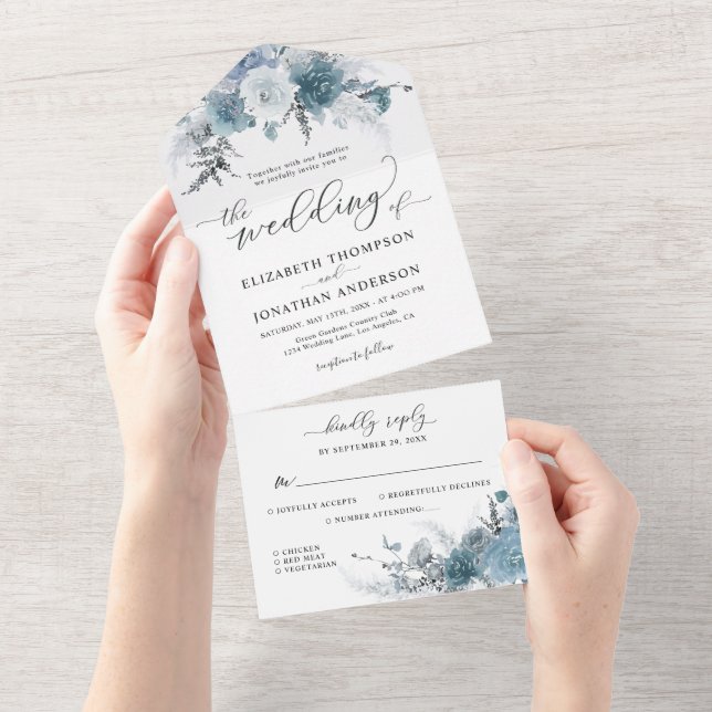 Invitation Tout En Un Dusty Blue Slate Boho Floral Détails Mariage RSVP (Déchirure)