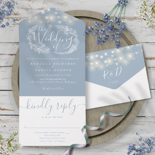 Invitation Tout En Un Dusty Blue String Lights Folio Mariage floral
