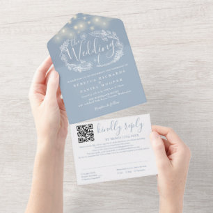Invitation Tout En Un Dusty Blue String Lights QR Code Mariage