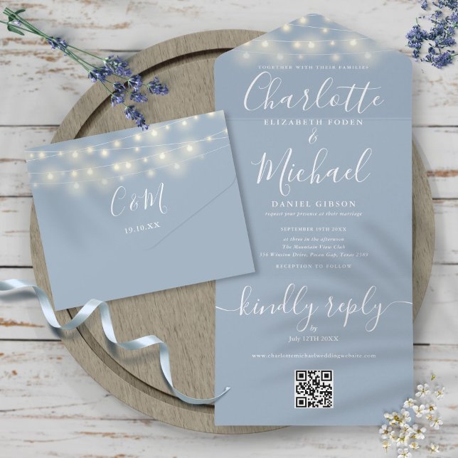 Invitation Tout En Un Dusty Blue String Lights QR Code Monogram Mariage (Créateur téléchargé)