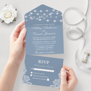 Invitation Tout En Un Dusty Blue String Mariage dentelle