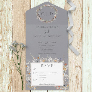 Invitation Tout En Un Dusty Blue Vintage Romantique Fleur sauvage Dîner