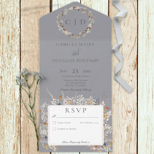 Invitation Tout En Un Dusty Blue Vintage Romantique Fleur sauvage Pas de