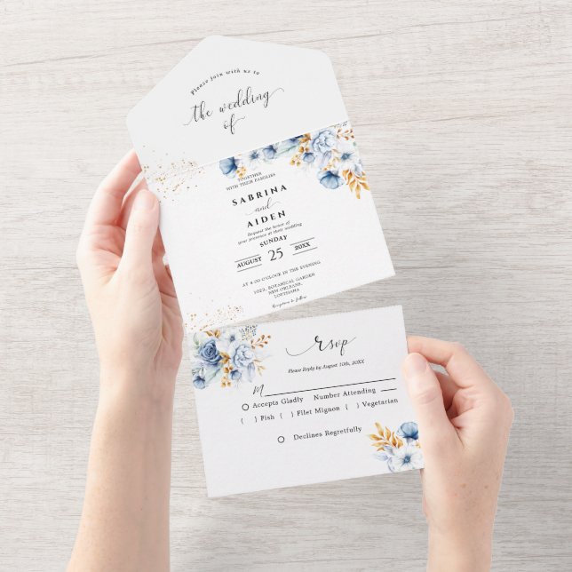 Invitation Tout En Un Dusty Blue White Gold Floral Mariage (Déchirure)