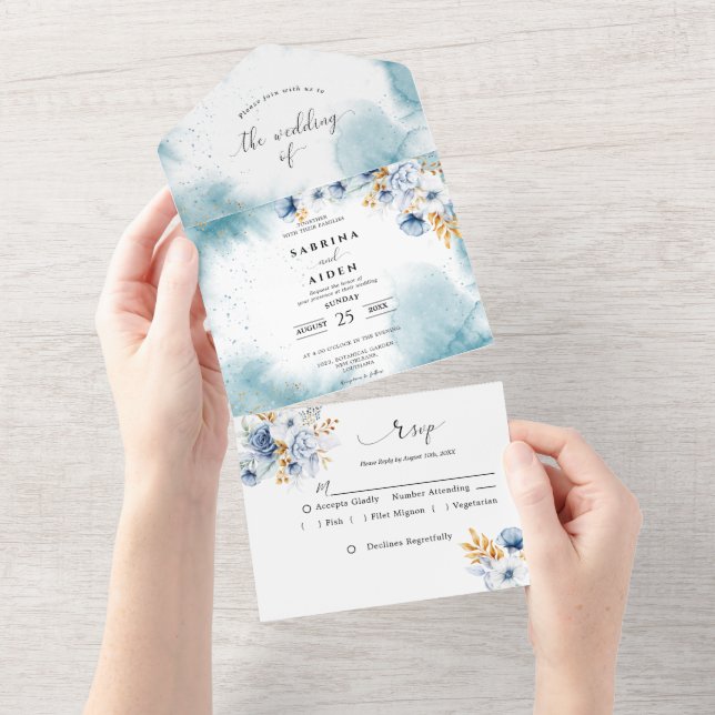 Invitation Tout En Un Dusty Blue White Gold Floral Mariage (Déchirure)
