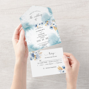 Invitation Tout En Un Dusty Blue White Gold Floral Mariage