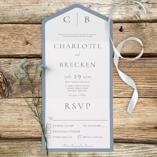 Invitation Tout En Un Dusty Blue & White Monogram Dîner minimal