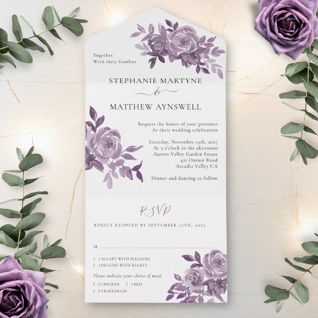Invitation Tout En Un Dusty Mauve Floral Rose Mariage de feuillage (Créateur téléchargé)