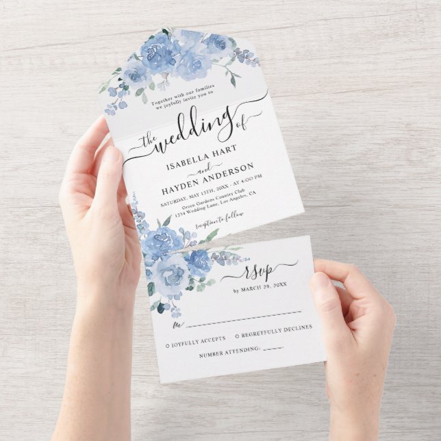 Invitation Tout En Un Dusty Pastel Bleu clair Floral Boho Mariage RSVP (Déchirure)