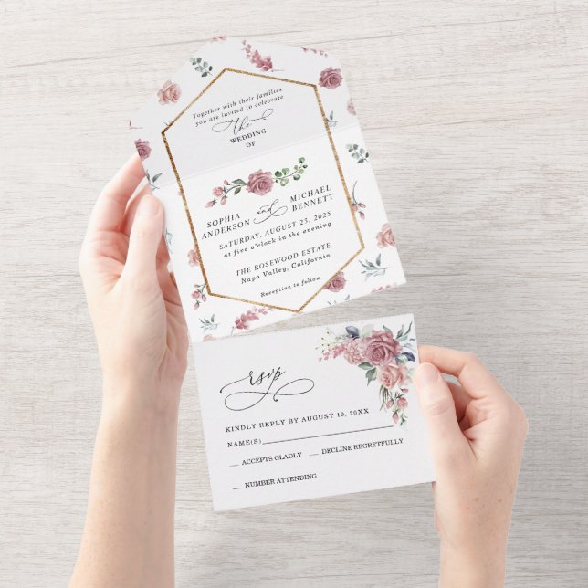 Invitation Tout En Un Dusty Pink Floral Wedding (Déchirure)