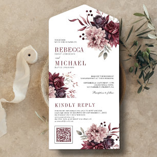 Invitation Tout En Un Dusty rose Bourgogne Floral QR Code Mariage