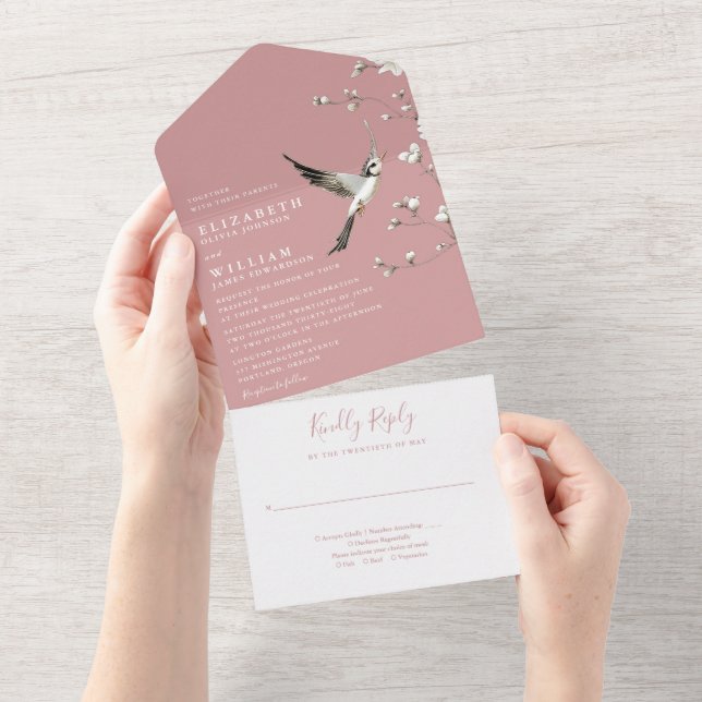 Invitation Tout En Un Dusty Rose Chinoiserie Floral Garden Mariage (Déchirure)